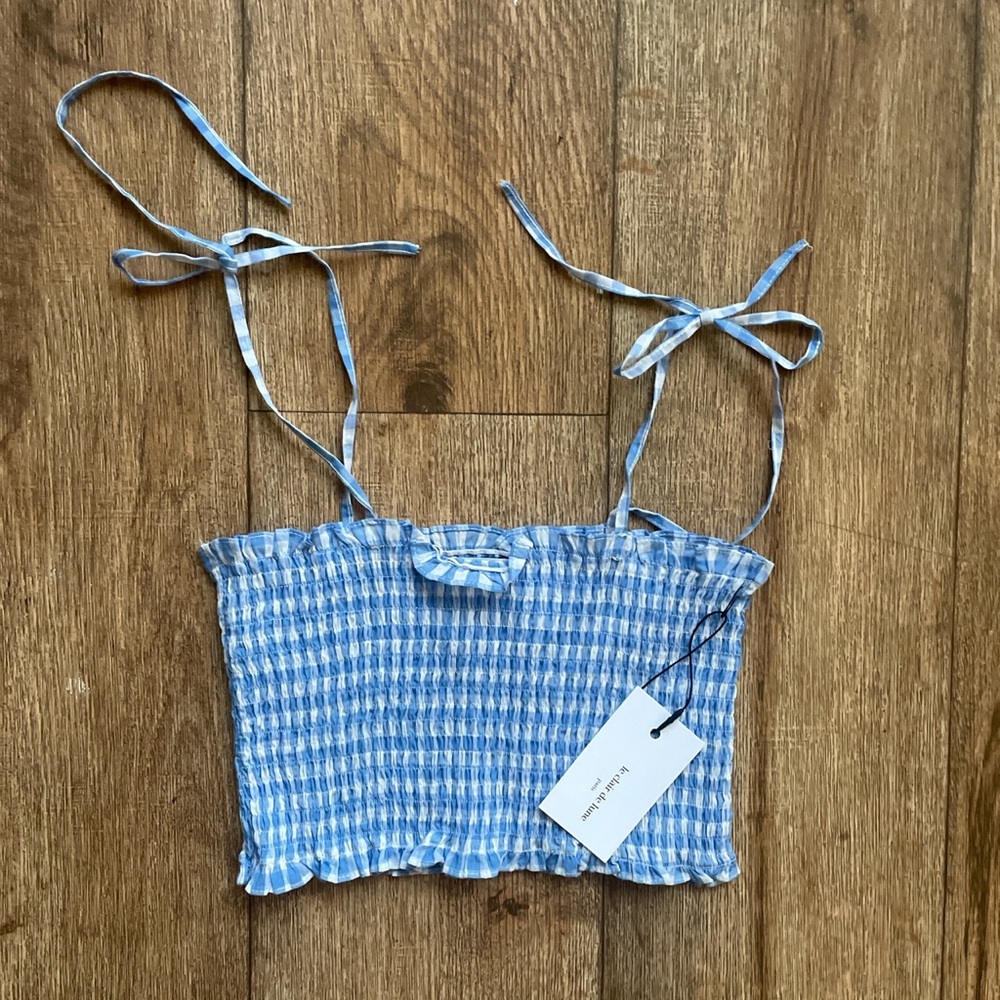 Check Crop Smock Top with tie straps